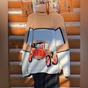 🛻 Vtg Handknit Cowichan Inspired Zip Cardigan Sweater Truck UNISEX LG/XL. EVC